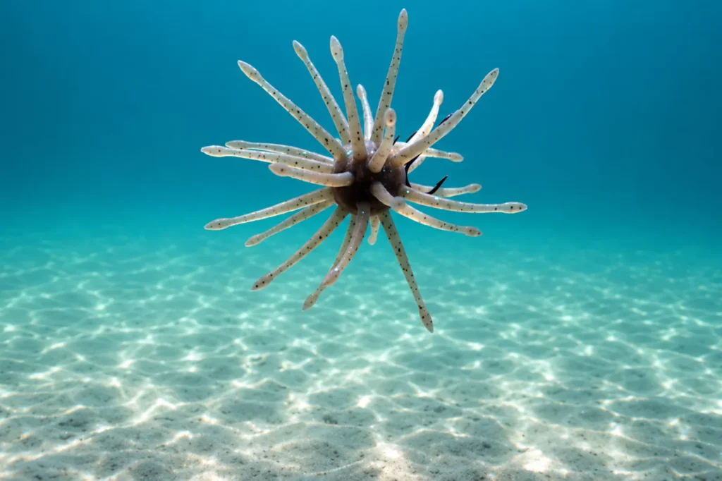 Urchin bait with speckled tentacles underwater above a sandy lake bottom